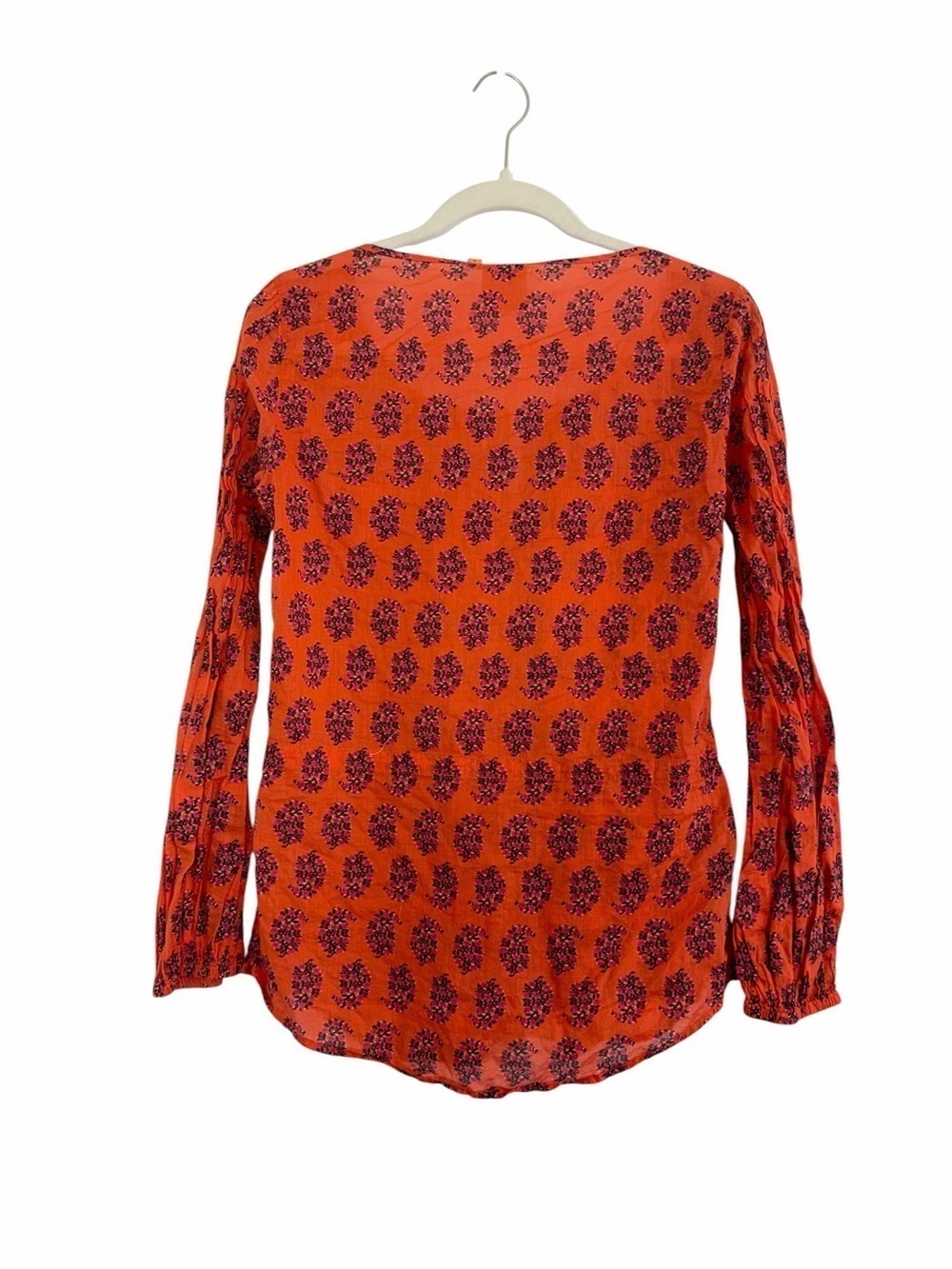 Tory Burch Evelina Floral Peasant Blouse Orange Pink Tassel Tie Cotton Size 6 - Picture 2 of 9